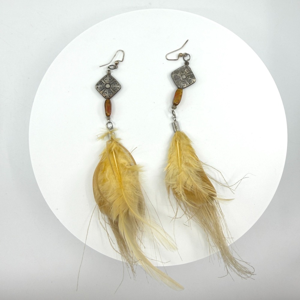 Yellow Feather Dangle Earrings Amber & Silver Tone Bead Festival Statement Gift